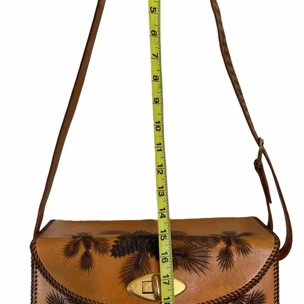 Tooled Leather Purse Handbag Women Handmade Pine Cone Brown Leather 60 70s Retro